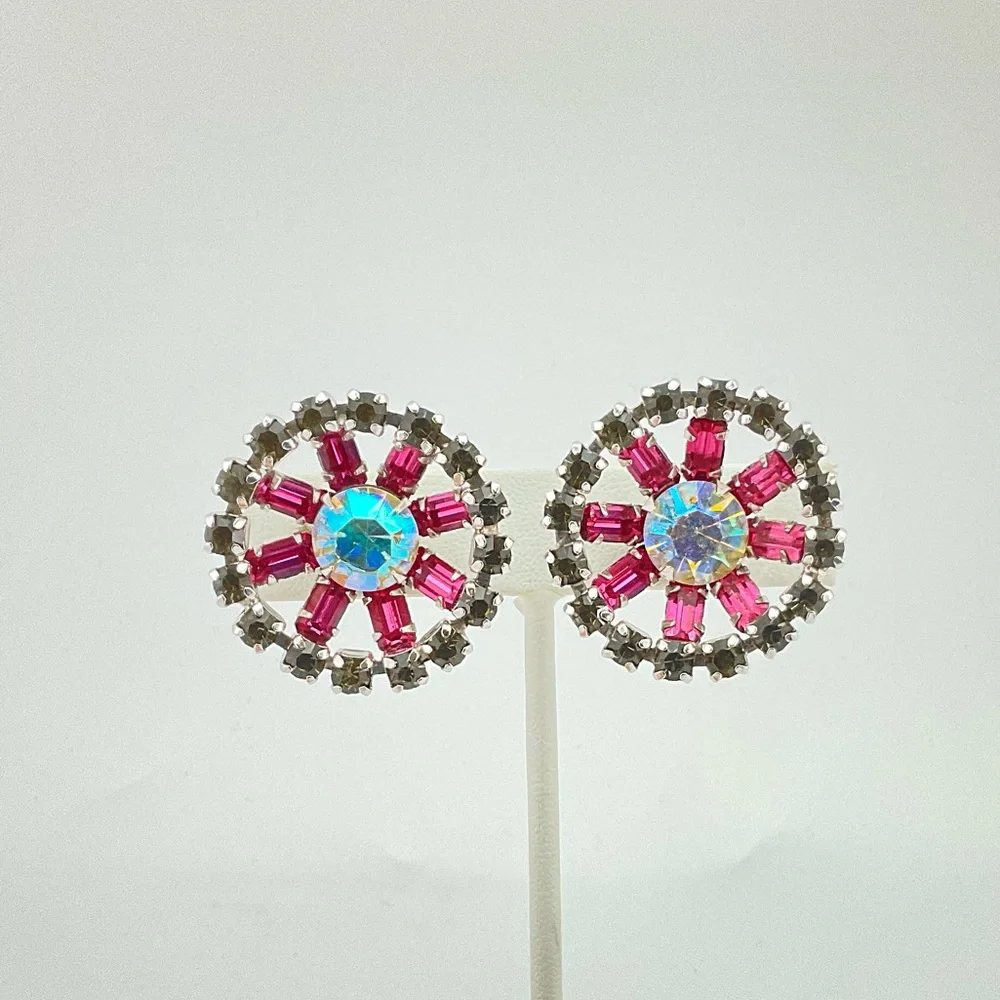 Coro Earrings, Signed, Pink AB & Gray Rhinestone Crystals, MCM, Super Sparkly